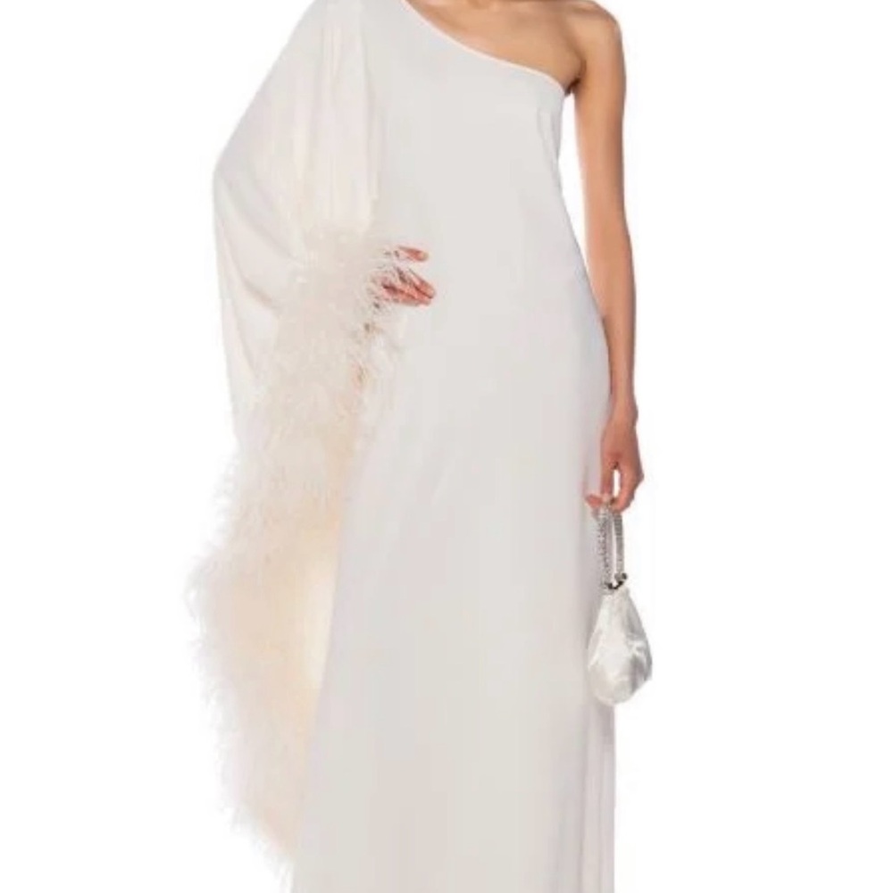 Elegant One-Shoulder White Gown with Feather Detail